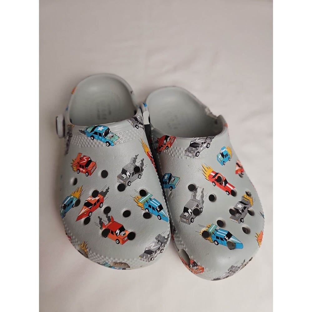 Crocs Kids Classic Clogs Size 10 Gray Race Car Print Straps Missing